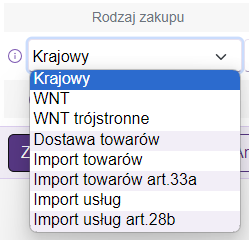 Okno ewidencja VAT zakup